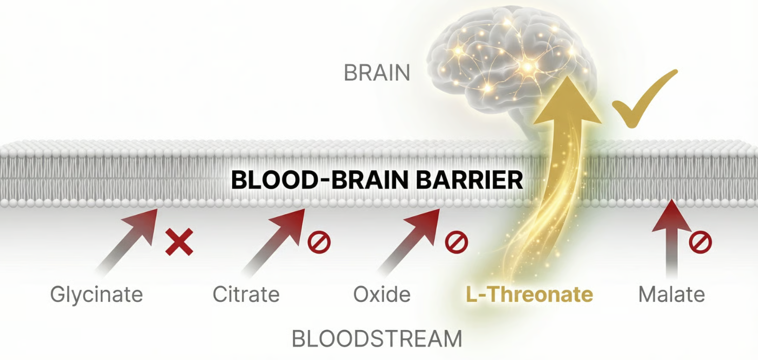 Diagram showing L-Threonate crossing the blood-brain barrier into the brain, while other compounds are blocked.