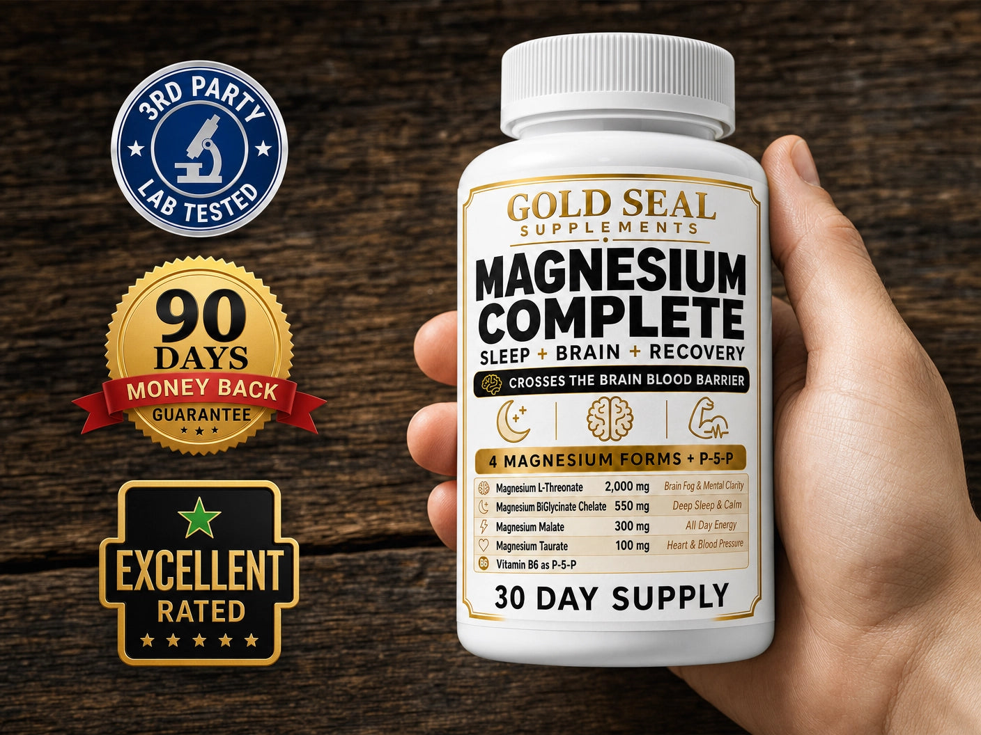A hand holds a bottle of AERA goldseal Magnesium Complete supplements against a wood background with several guarantee badges.