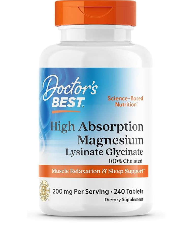 A white bottle of Doctor's Best High Absorption Magnesium Lysinate Glycinate dietary supplement against a white background.