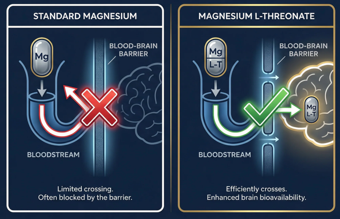 A diagram comparing how standard magnesium and magnesium L-threonate cross the blood-brain barrier.